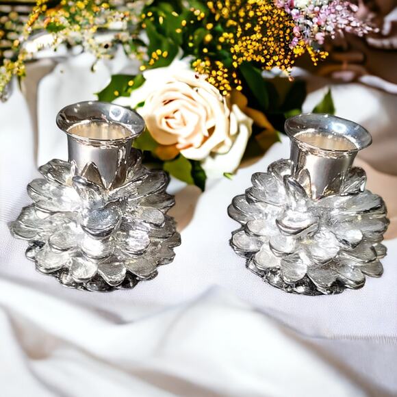 Set of 2 Silver Plated 3-inch Tall Holiday Pine Cone Shape Taper Candle Holders - Picture 1 of 10